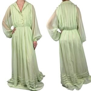 Vintage‎ 70s Marita By Anthony Muto Sheer Balloon Sleeve Pleated Gown Green M/L